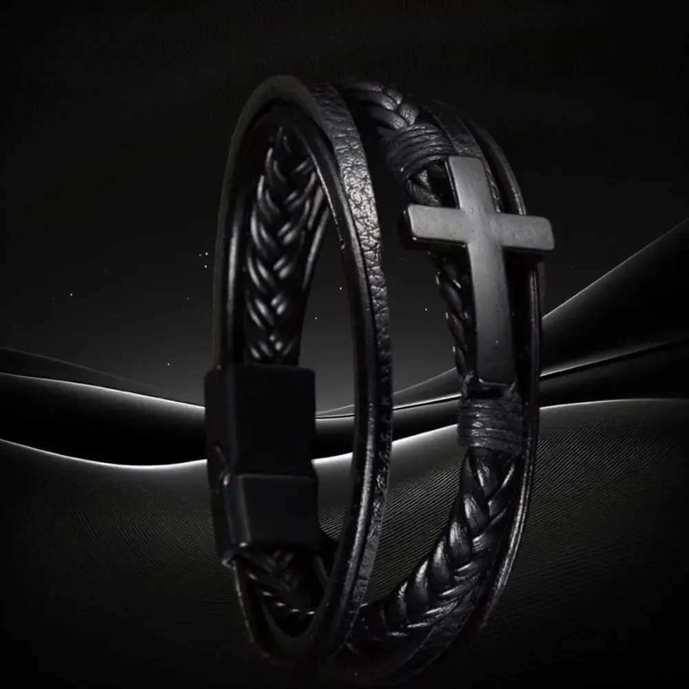 Men’s 5-strand l Leather Cross l Bracelet l Magnetic Closure l Brown/Black l New